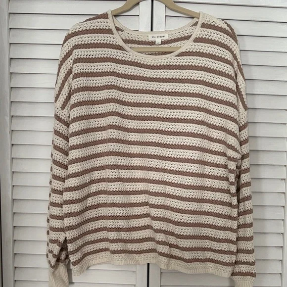 Blu Pepper 100% Cotton Cream and Brown Striped Sweater - Picture 3 of 4